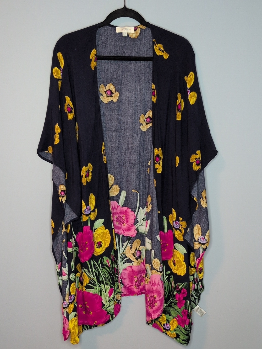 UMGEE Floral Open-Front Kimono Cardigan Navy with Pink & Yellow Flowers Size 1XL